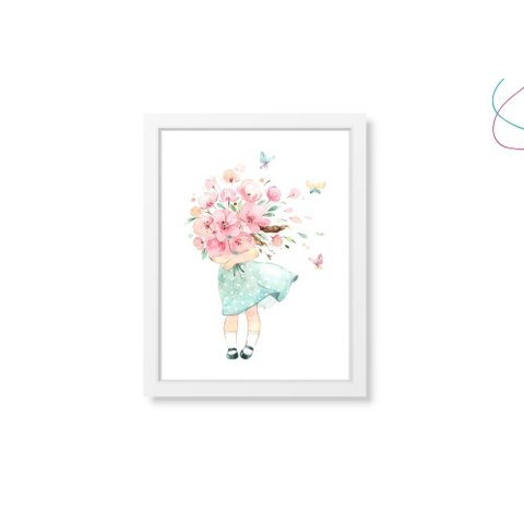 Quadro Decorativo Infantil Menina com Flores Aquarela:branca