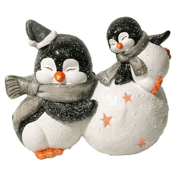 Enfeite Pinguins na Neve de Cerâmica com Led - Rio Master