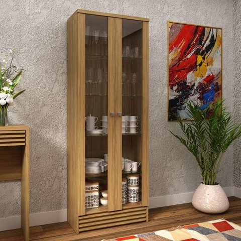 Cristaleira com 2 Portas e 4 Prateleiras em Vidro Detalhe Ripado Cr6002 Tecnomobili Natural