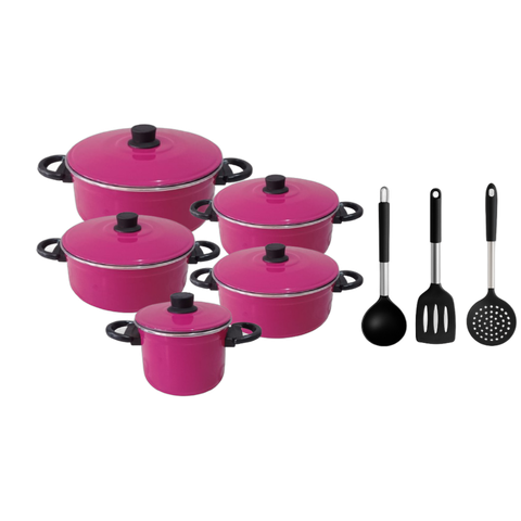 Jogo de Panelas Alumínio Caçarola 5 Peças + Concha Escumadeira Espátula Silicone Inox