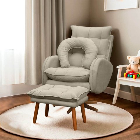 Kit Poltrona de Amamentação Base Giratória Balanço e Puff Angra Veludo - Sofa Store:Veludo Bege
