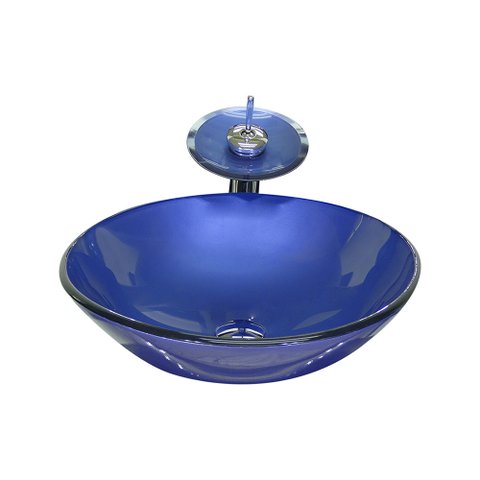 CUBA DE VIDRO REDONDA 42CM AZUL ESCURO + VALVULA + TORNEIRA CASCATA