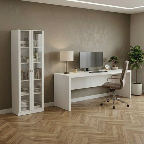 Conjunto de Escritório 2 Peças com Escrivaninha ME4185 e Armário ME4115 com 2 Portas de Vidro