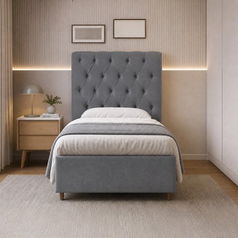 Cabeceira para Cama Solteiro Estofada Capitonê Luna Vilajo em Suede Cinza – 0,88 m