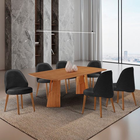 Conjunto de Mesa de Jantar Bia Tampo Barril Laminado e 6 Cadeiras Ester Marrom/Linho Preto/Imbuia/Cinamomo