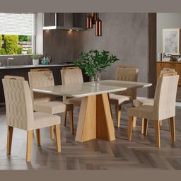Kit Conjunto Sala De Jantar Mesa Tampo MDF Vidro 160 Cm Com 6 Cadeiras Marrom Madeira Off White - 1