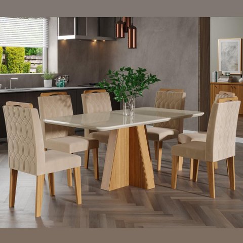 Kit Conjunto Sala De Jantar Mesa Tampo MDF Vidro 160 Cm Com 6 Cadeiras Marrom Madeira Off White