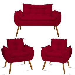 Kit Namoradeira Opala + 2 Poltronas para Sala Balaqui Decor Cor:vermelho - 2