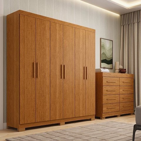 Conjunto Quarto Casal Guarda-Roupa 6 Portas Cômoda 8 Gavetas Papoulas Espresso Móveis Marrom/Cinamomo