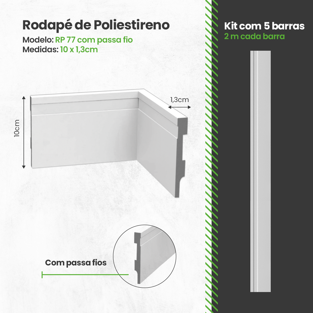 Kit Rodapé de Poliestireno Frisado 15 Barras 10cm Altura - 2