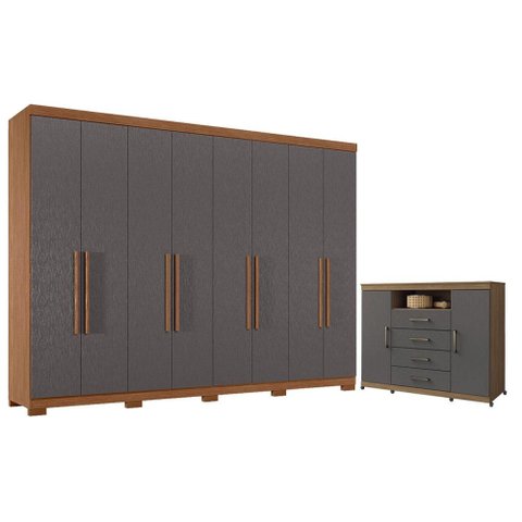 Guarda Roupa Casal 8 Portas 4 Gavetas Master New com Pés e Cômoda Havana Master com Rodizio Jatobá g