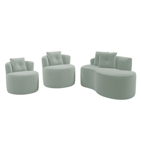 Kit Sofá e 02 Poltronas Orgânicas Living Bob com Almofadas Bouclê Verde Menta - Abmaza