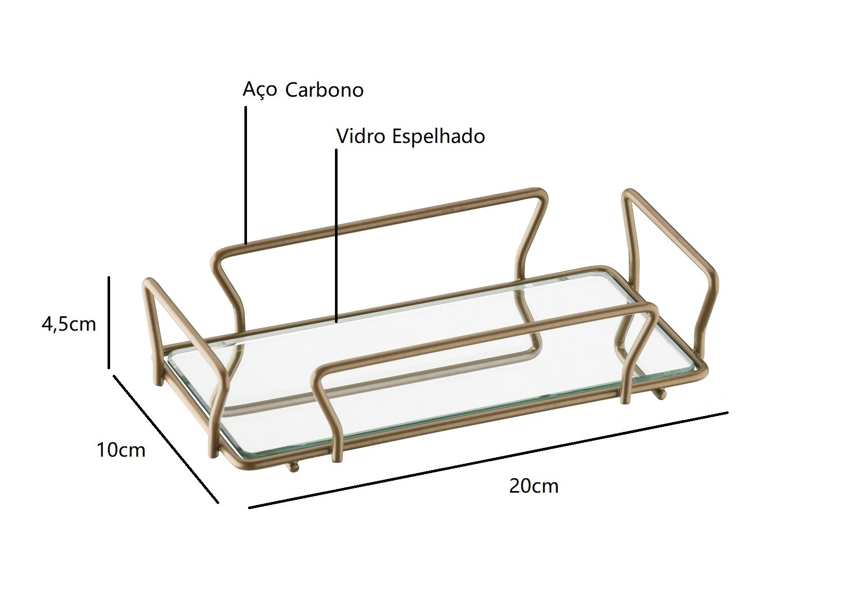 Bandeja Retangular em Aço e Vidro Espelhado Decoração Casa:Dourado - 2