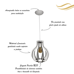 Luminária Pendente Madeira Bivolt Sala Quarto Mesa Ilha Balcão Pequim G Branco - 3