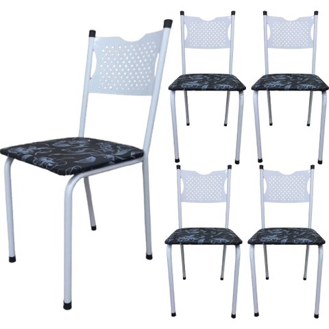 Kit 5 Cadeira para Cozinha Mc Tubular Almofadada Estrutura Branca com Assento Floral Medcombo