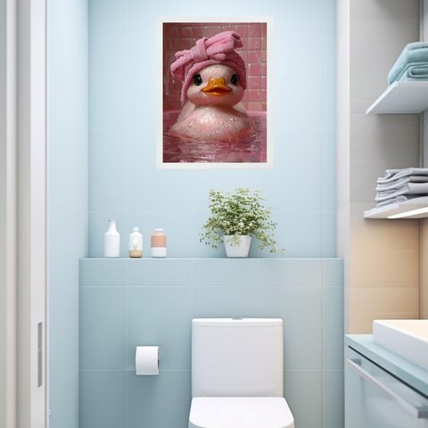 Quadro Decorativo de Banheiro Patinha Rosa 24x18cm - com Vidro:moldura Branca