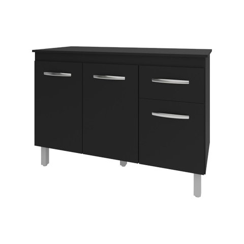Balcão Gabinete para Pia 118 cm Cozinha Aline Preto com Tampo Tampão 120 cm Preto