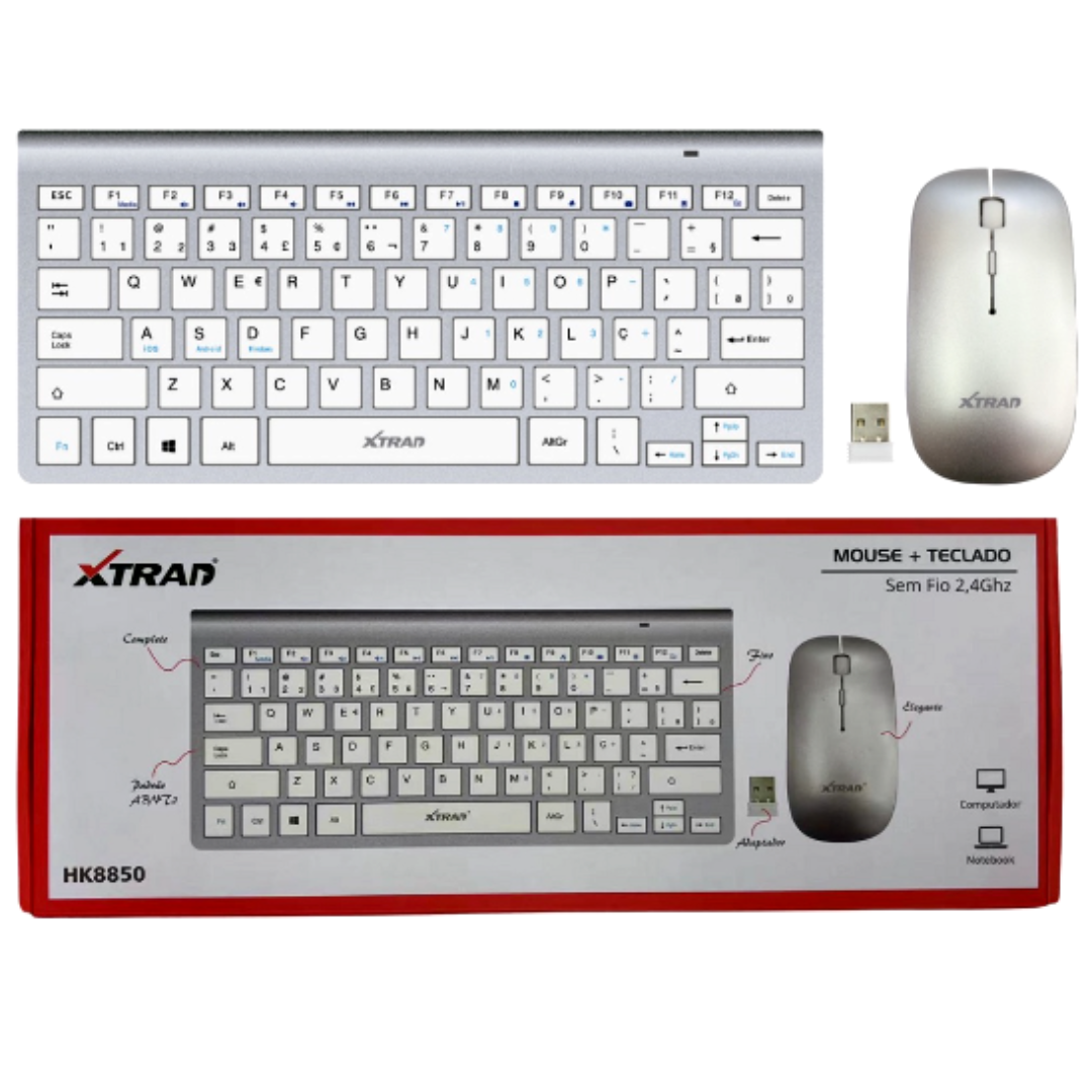 KIT TECLADO MOUSE SEM FIO DESIGN FINO ABNT2 PC NOTEBOOK HK8850 PRATA ...