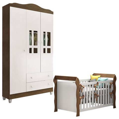 Berço Americano Lara e Guarda Roupa Ariel 3 Portas Branco Acetinado Amadeirado – Carolina