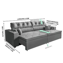 Sofá 5 Lugares SMART Retrátil, Reclinável, 3,02 Metros Tecnologia de Carregamento 3 portas USB Cinza - 4