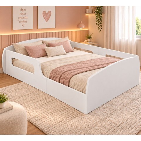Cama Casal Branca em MDF com Proteção Lateral e Colchão Incluso 188x138