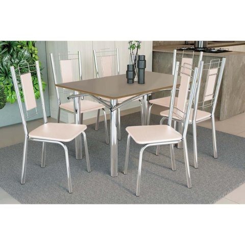 Sala de Jantar Completa Elba Tampo Madeirado C/ Vidro 120cm e 6 Cadeiras Florença Cromada/freijo