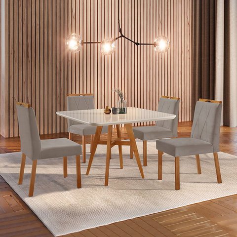 Conjunto Sala de Jantar Mesa Atenas Madeira Maciça 90x90cm Tampo Quadrado Vidro Off White com 4 Cade