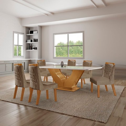 Conjunto Sala de Jantar Mesa com Tampo de Vidro 6 Cadeiras Atena Marrom/Castanho Cinamomo/Pena Caramelo/Off White