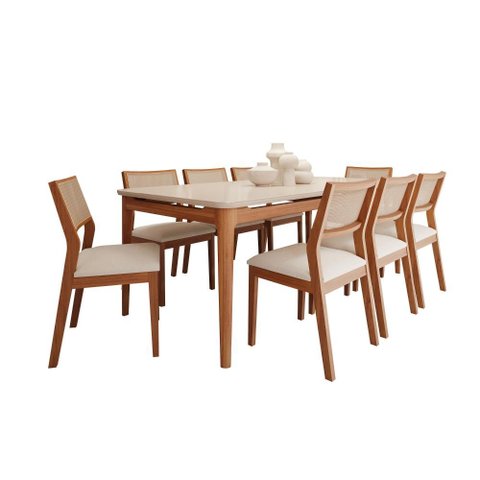 Conjunto Sala de Jantar Baobá 2,10m com 8 Cadeiras Oiti de Espuma D-28 - Madeira/Offwhite/Linho Cru