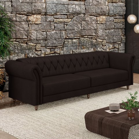 Sofá Living Sala de Estar Stanford Chesterfield 3 Lugares 240cm Pés de Madeira Couro Marrom G58 - Gr