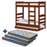 Cama Beliche Madeira Maciça Alta com Auxiliar Solteiro Castanho Nemargi com 3 Colchões Probel D20 - 1