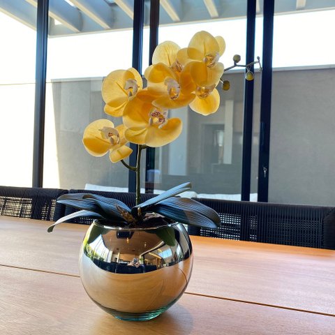 Orquídea Amarela Artificial Arranjo no Vaso Espelhado Flores Permanentes