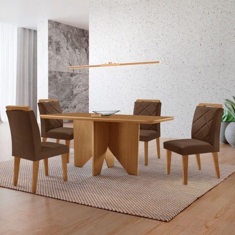 Mesa Evora 120 Mdf Canto Copo e com 4 Cadeiras Melissa Veludo Marrom-naturalle-naturalle