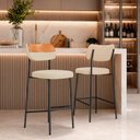 Ver imagem 1 de Kit 2 Banquetas Alta Sala de Jantar Lisa Pés Preto Linho/PU Bege/Caramelo m² - Monari Design