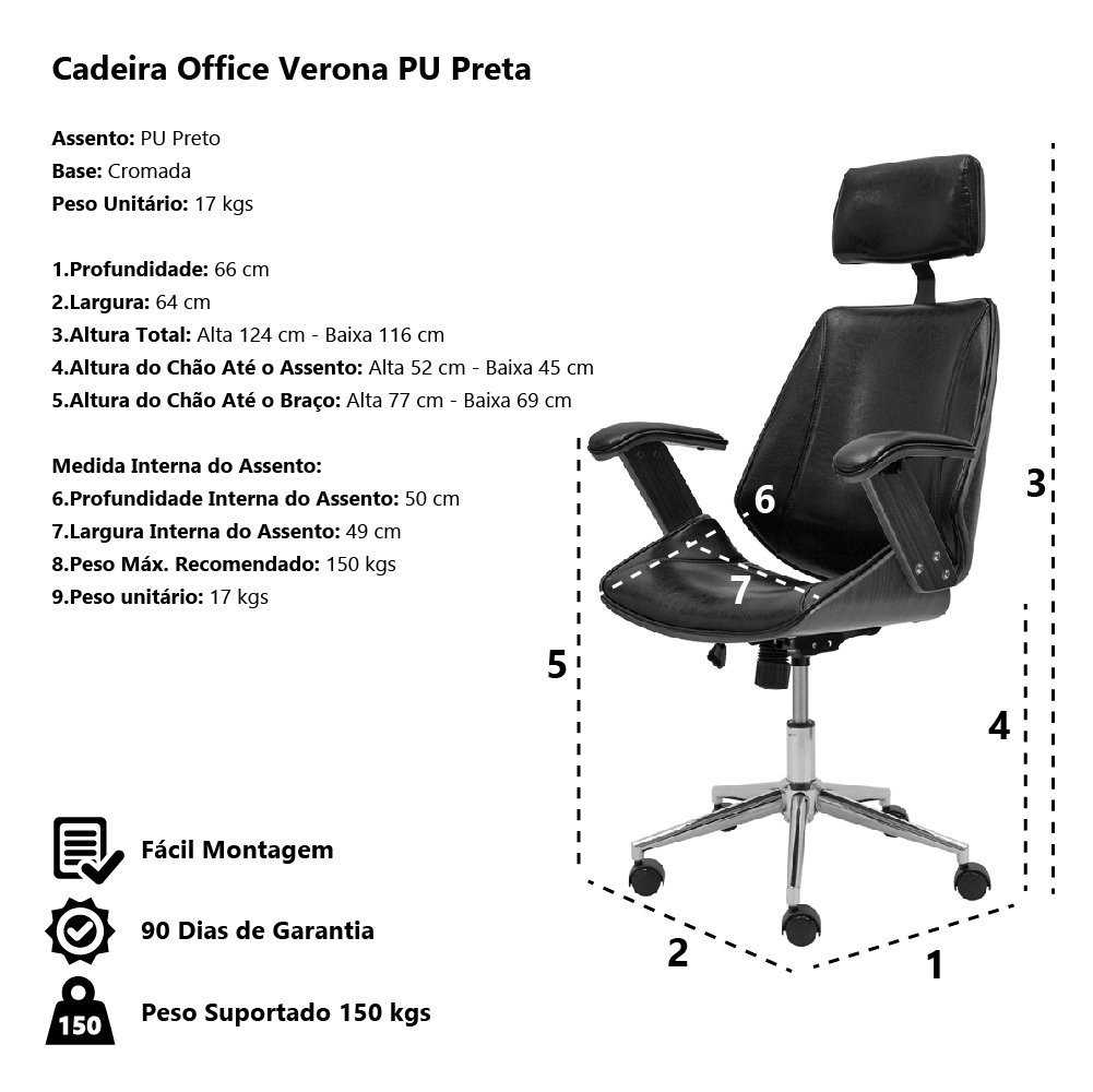 Cadeira Office Lisboa Pu Preto Base Giratória Cromada - 5