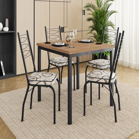 Conjunto Sala de Jantar Mesa Quadrada 90cm Tampo BP com 4 Cadeiras Adriana Preto/Madeira Cedro