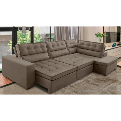 Sofá de Canto Retrátil e Reclinável com Molas Ld 3,40x2,00m Viviane Suede Capuccino Nude