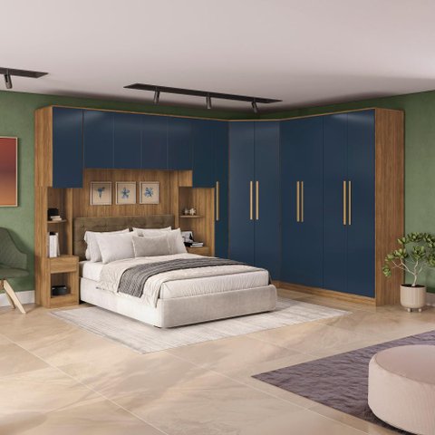 Guarda Roupa Quarto Modulado Casal Adapt  8 Peças Nogueira/Azul Profundo 357cm x 263cm - Kappesberg