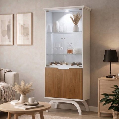 Cristaleira 4 Portas Nicho Adega 100% MDF Vidro e LED Vicenza Off White Cinamomo