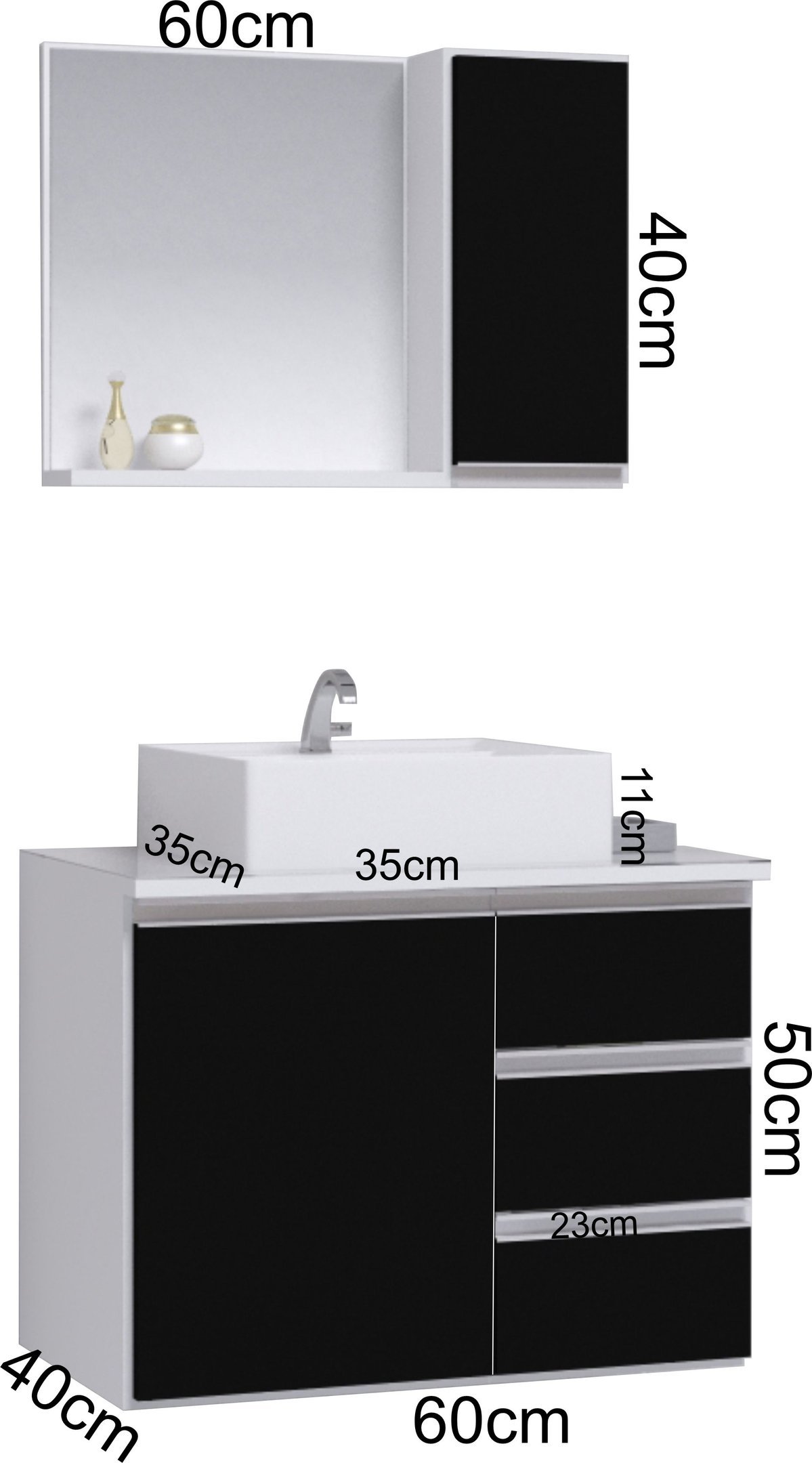 Conjunto Gabinete Banheiro Completo Prisma 60cm - Branco / Preto COM TAMPO VIDRO - 3