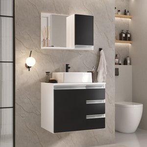 Conjunto Gabinete Banheiro Completo Prisma 60cm - Branco / Preto com Tampo Vidro