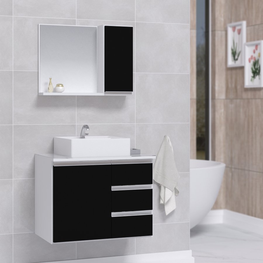 Conjunto Gabinete Banheiro Completo Prisma 60cm - Branco / Preto COM TAMPO VIDRO - 1