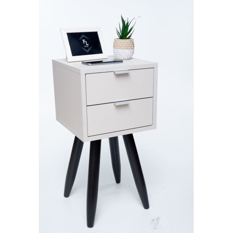 Kit Mesa de Cabeceira Retro Off White com 2 Gavetas de 30cm Pé Marrom Escuro Envio Montada