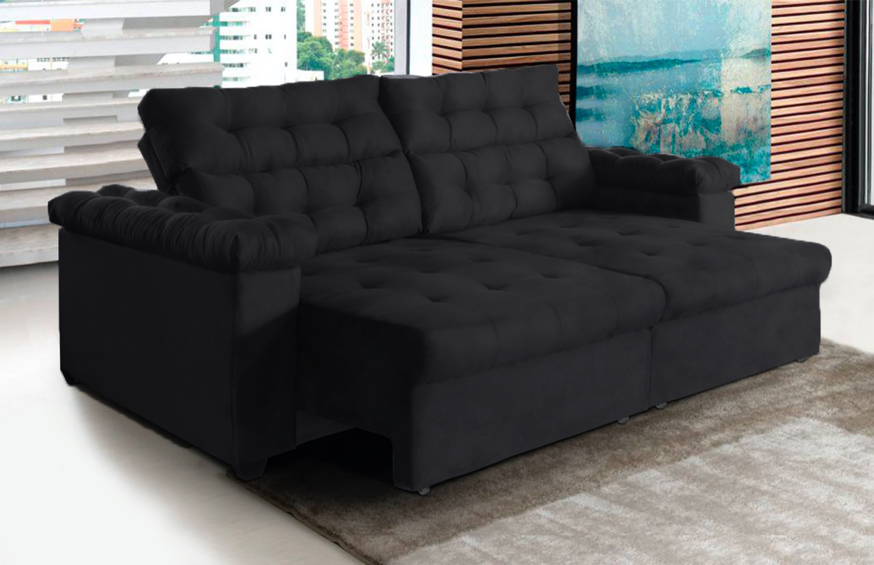 Sofá New Austrália 3 metros Retratil e Reclinavel Suede Preto – Sofá na Web - 2