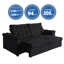 Sofá New Austrália 3 metros Retratil e Reclinavel Suede Preto – Sofá na Web - 3
