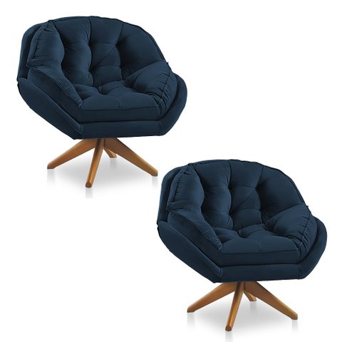 Kit 02 Poltronas Califórnia Giratória Veludo Azul Marinho Base de Madeira - Pallazio