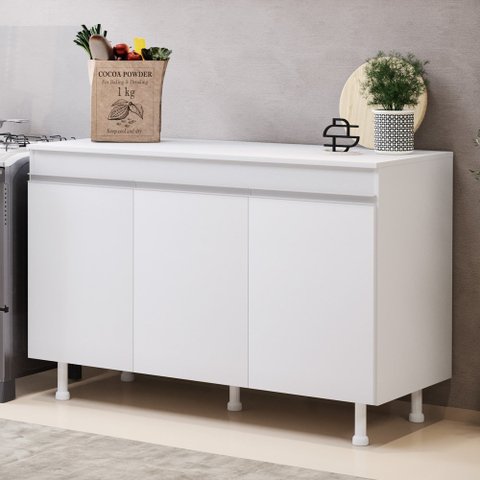 Balcão Buffet Gabinete de Cozinha Lux 120cm 100% Mdf com Tampo 03 Portas Branco - Desk Design