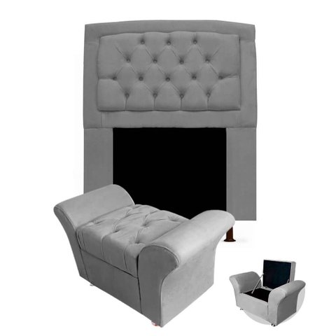 Kit Cabeceira Geovana + Calçadeira Baú Veneza Solteiro 100cm Suede - Renascer Decor:Cinza