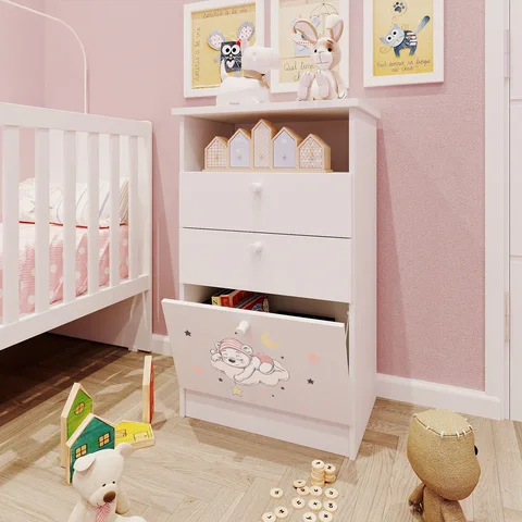Cômoda Infantil 1 Porta 2 Gavetas 1 Nicho Estampada Kids Espresso Móveis Branco/Urso Rosa