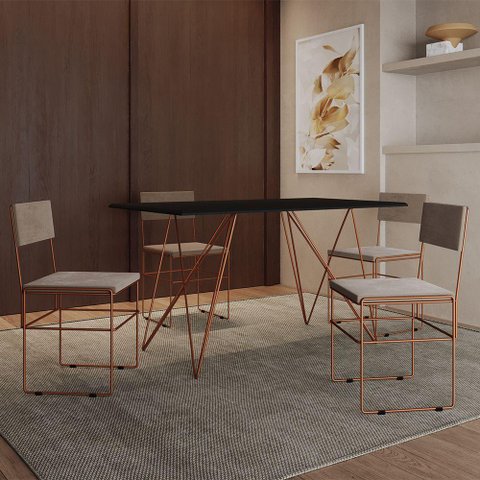 Mesa Jantar Industrial Trama 1,40x0,80m Preta com 4 Cadeiras Estofadas Vitória Bege e Cobre Marrom